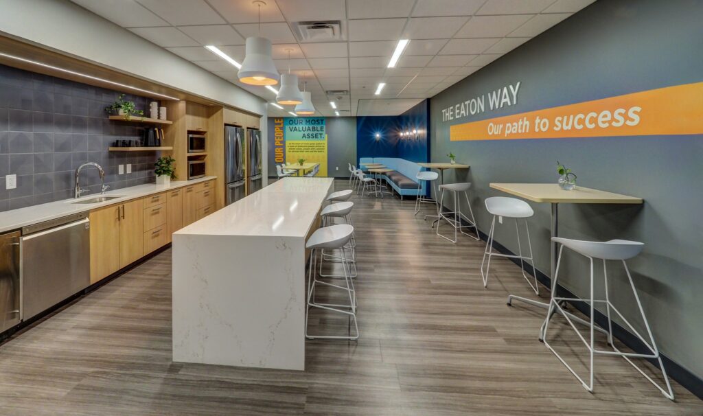 Main lobby and kitchenette at Eaton Community Bank