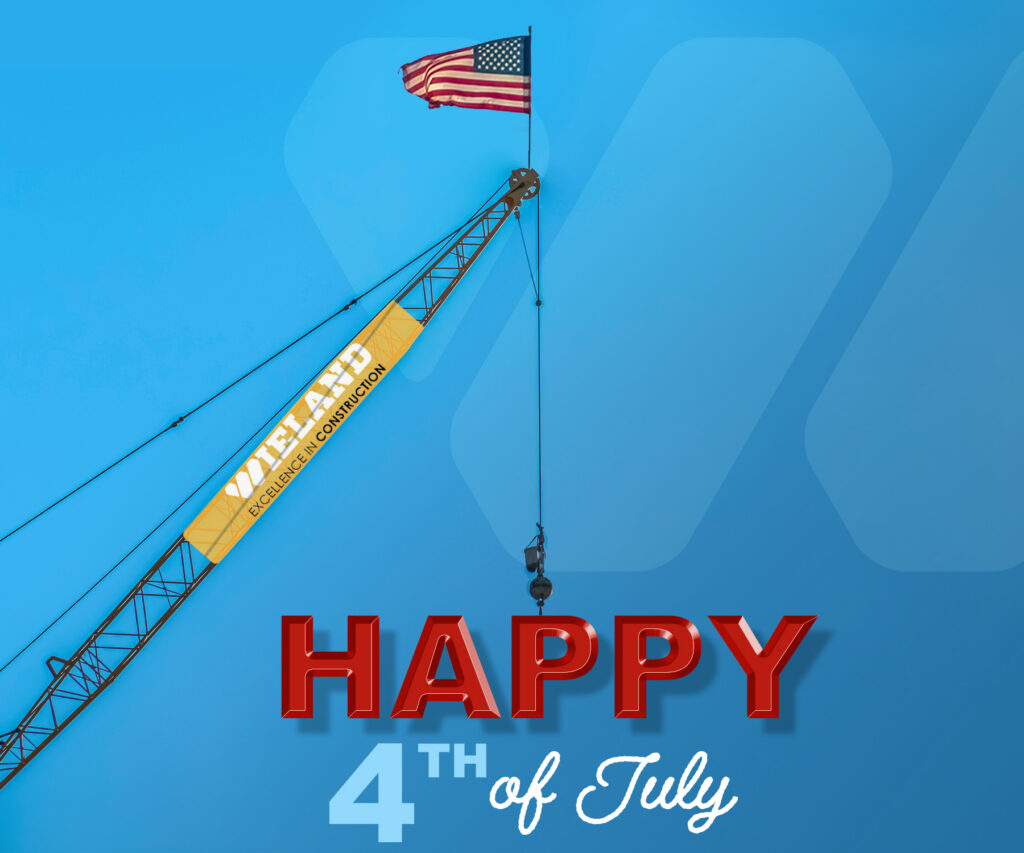 Graphic with a crane lifting up the text "Happy 4th of July"
