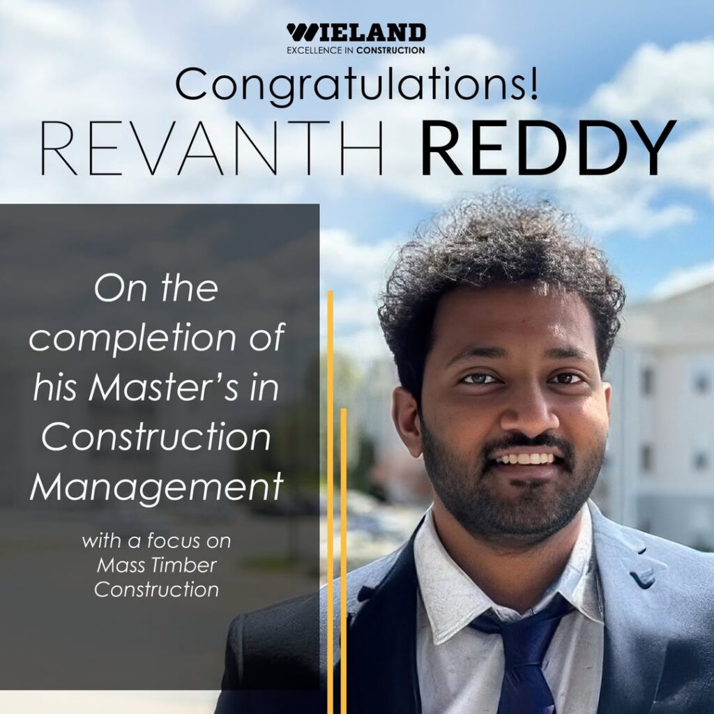 Graphic celebrating Revanth's completion of his Master's in Construction Management
