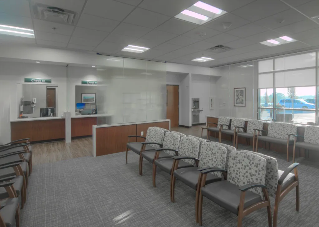 Clinic waiting room and check-in desks