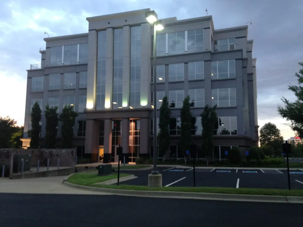 Front entrance with lighting at sunset