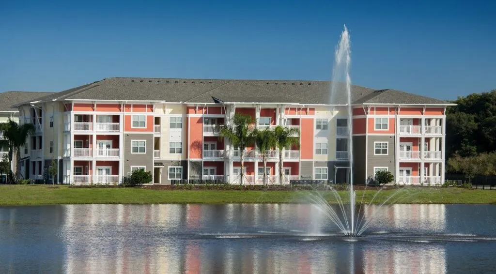 Apartment block pondfront exterior