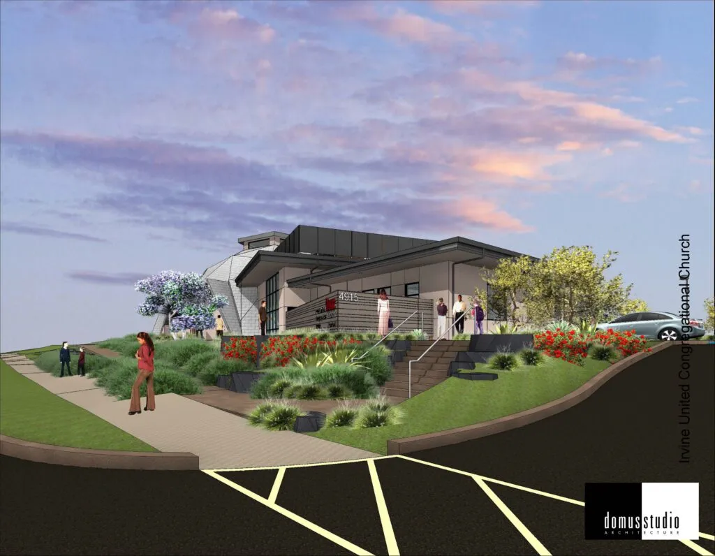 Irvine United Congregational Church render with parking lot