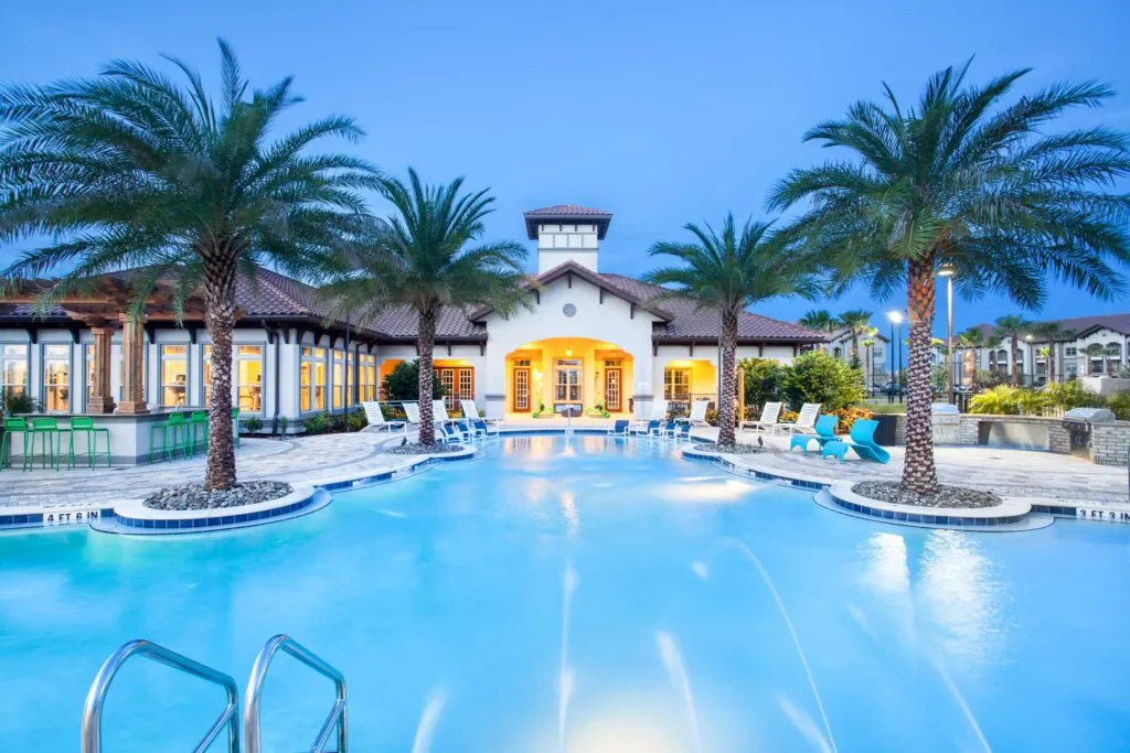Leasing office exterior and pool area