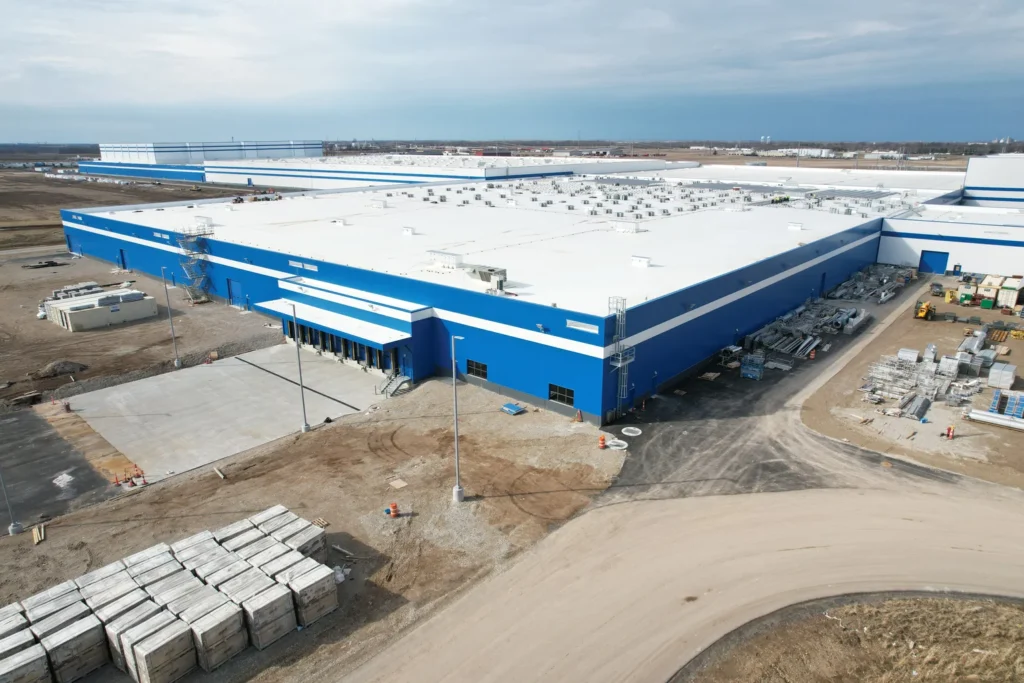 Overhead perspective of the blue Sofidel Group facility in Circleville, OH, highlighting its size and architectural design.