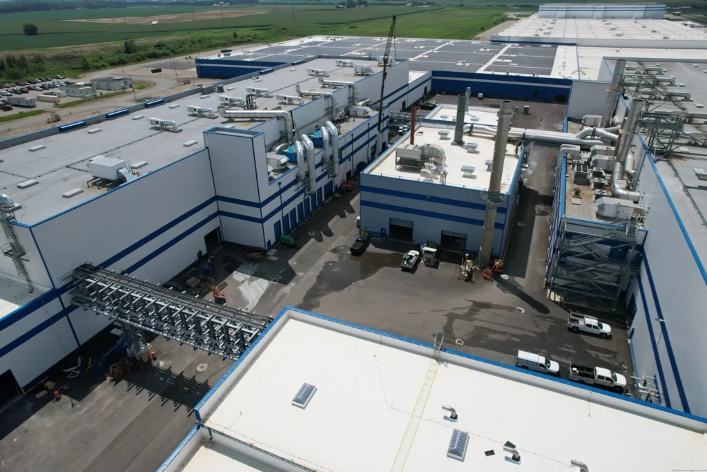 Aerial view of Sofidel Group's factory in Circleville, OH, showcasing a large building and surrounding industrial area.