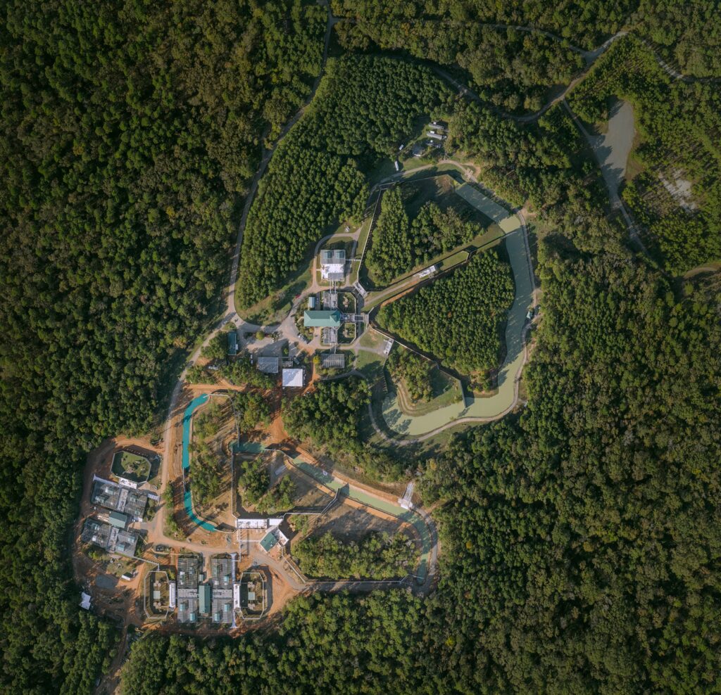 Aerial view of Chimp Haven's animal enclosures.