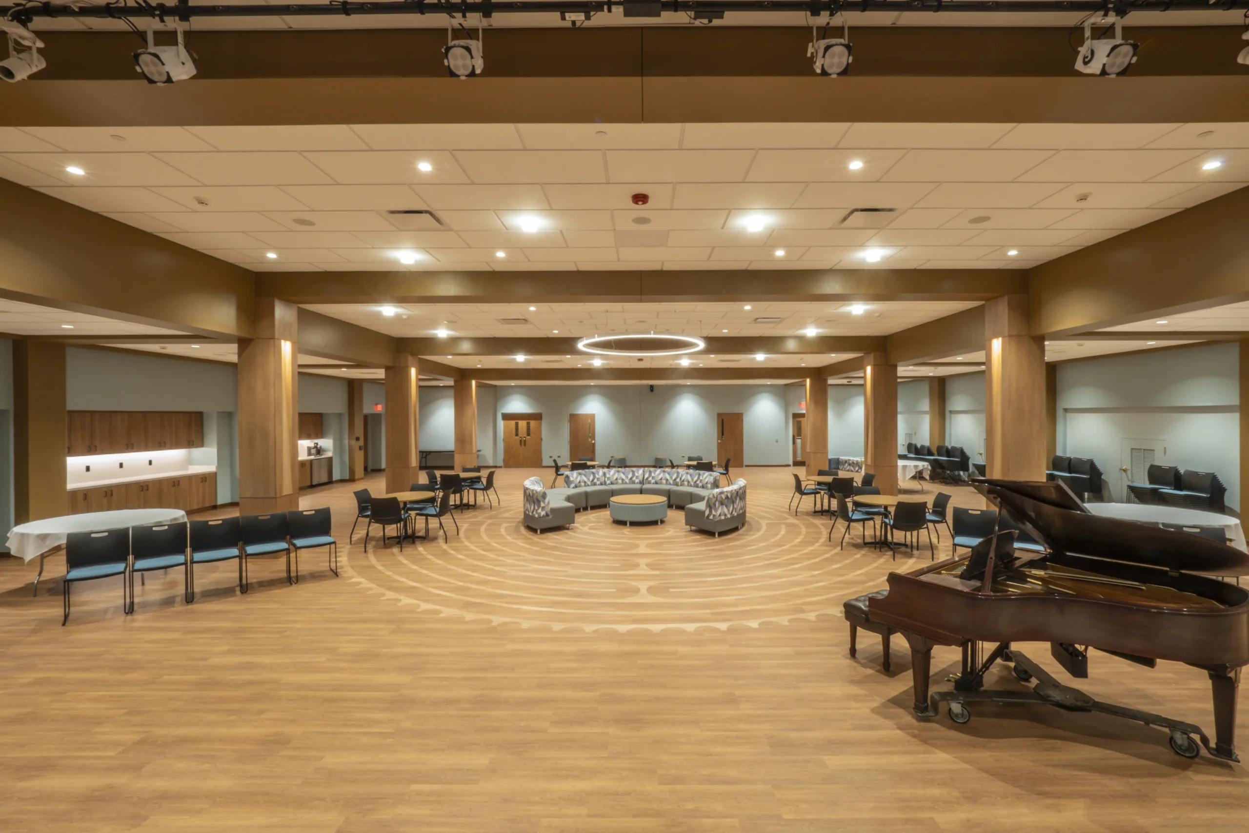 Photo from the stage showing the completed lower-level social hall