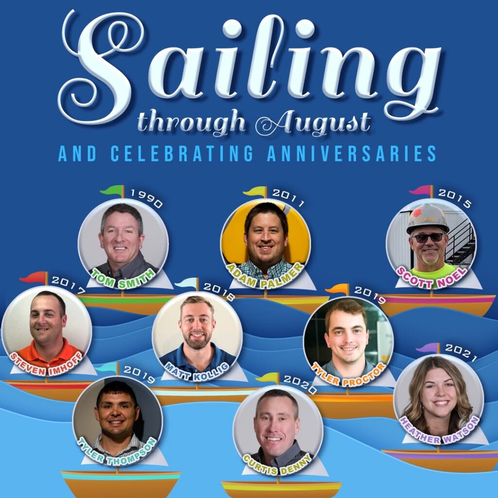 Graphic showing the nine employees celebrating their workplace anniversaries