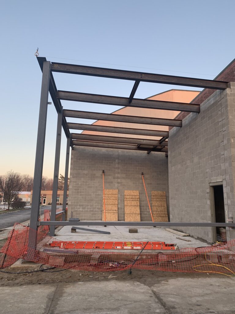 Photo showing the steel erection required for the library addition