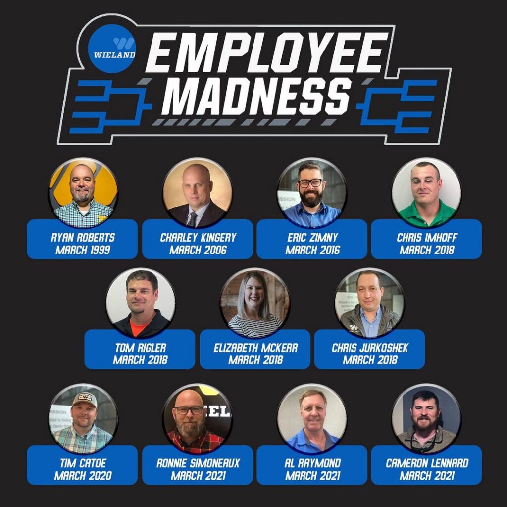 Graphic highlighting the 11 employees celebrating an anniversary at WIELAND