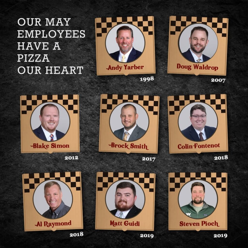 Graphic showing the eight employees celebrating a May anniversary