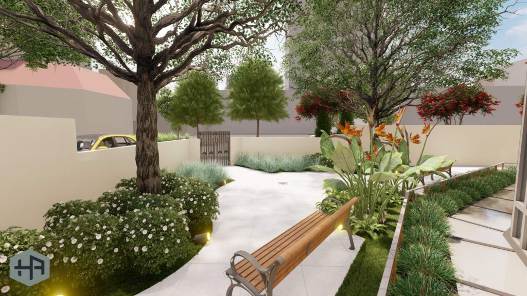 Rendering of the exterior courtyard of the St. James Catholic Church