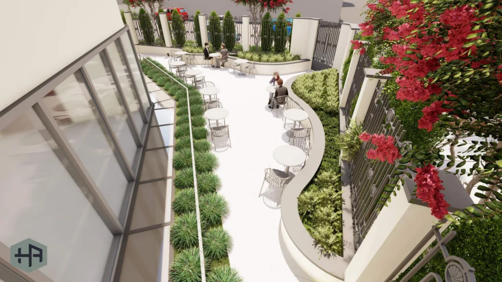 Rendering of an exterior courtyard with people sitting at individual tables