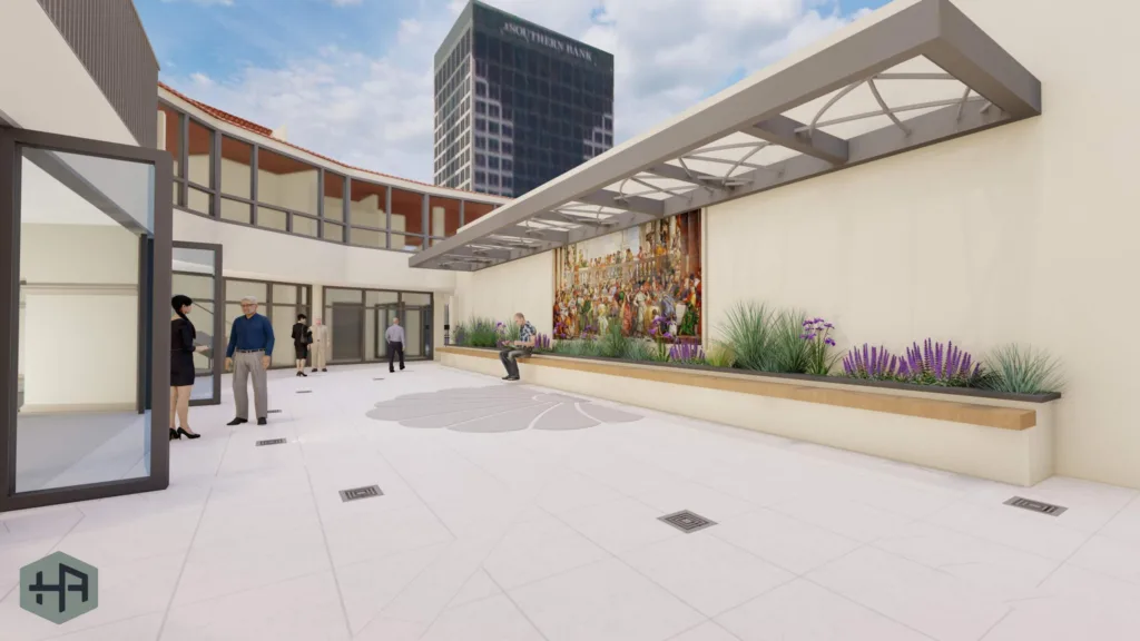 Rendering of an exterior courtyard with people standing around