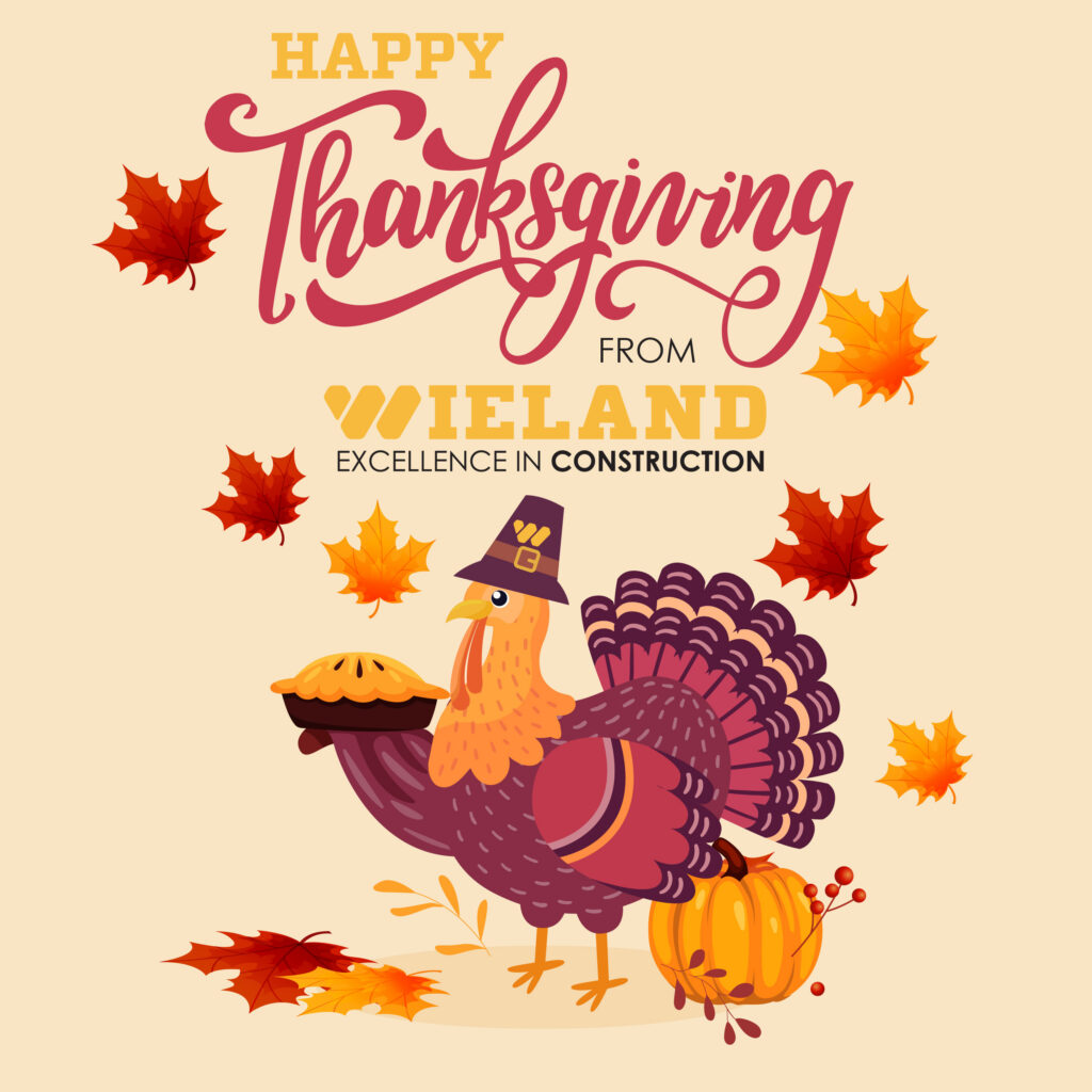 Graphic showing a turkey holding a pie saying "Happy Thanksgiving"