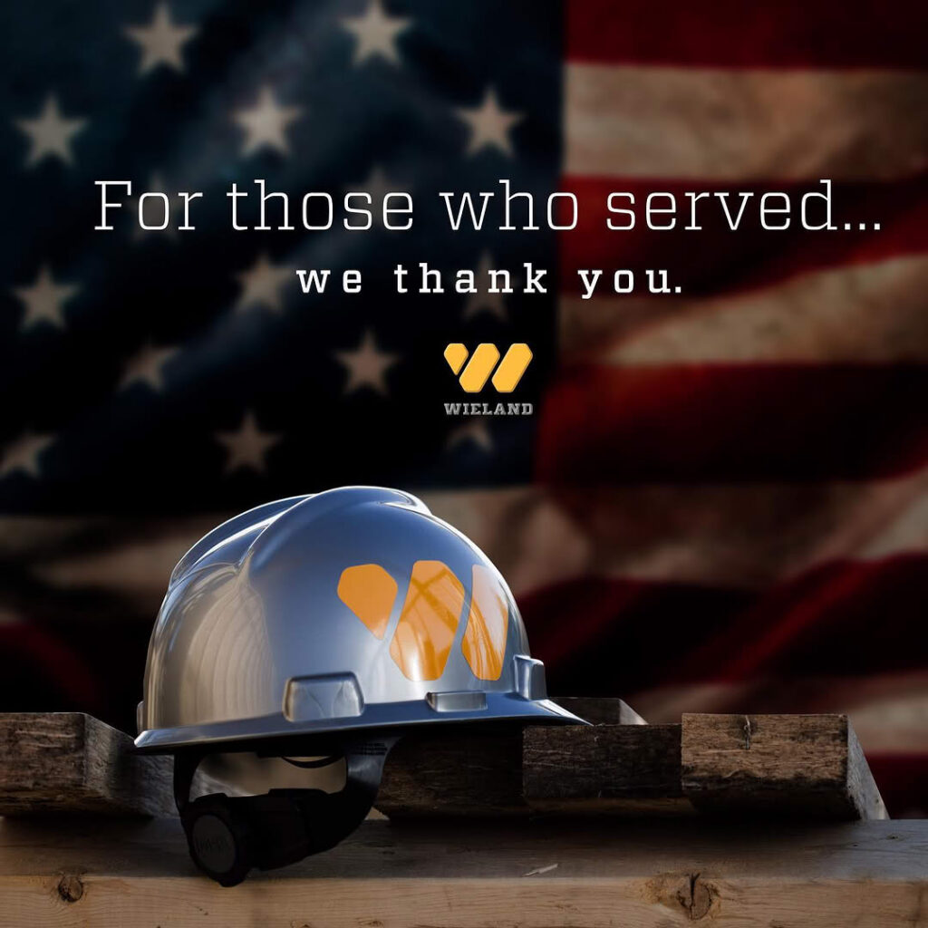 Graphic showing the WIELAND hard hat draped in the US flag