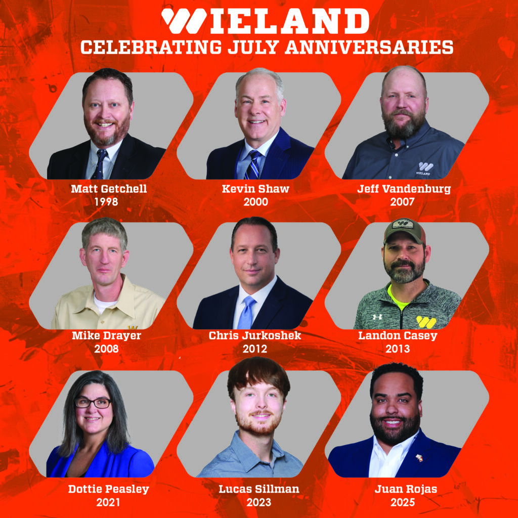 Graphic showing the nine WIELAND employees celebrating a July Anniversary