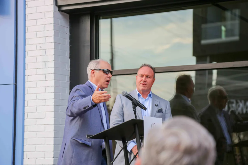 Chief Growth Officer Kevin Shaw speaking to the crowd about the relationship between WIELAND, Gillespie Group, and Lansing. 